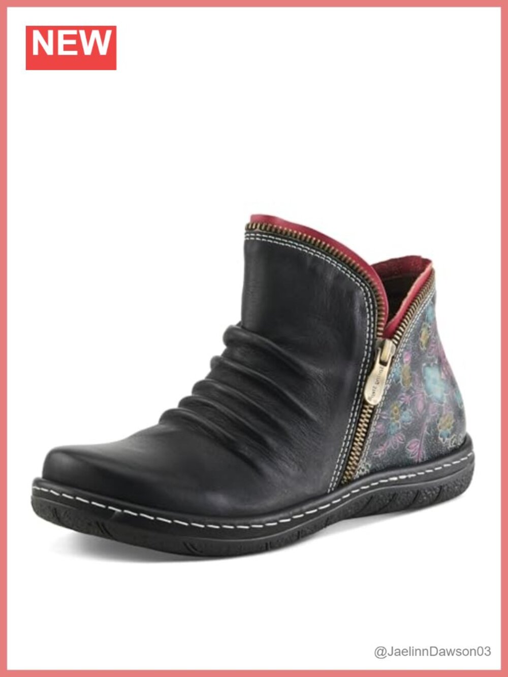 Hand-Painted Leather Floral Ankle Bootie Bohemian Ruched Front Inside Zipper